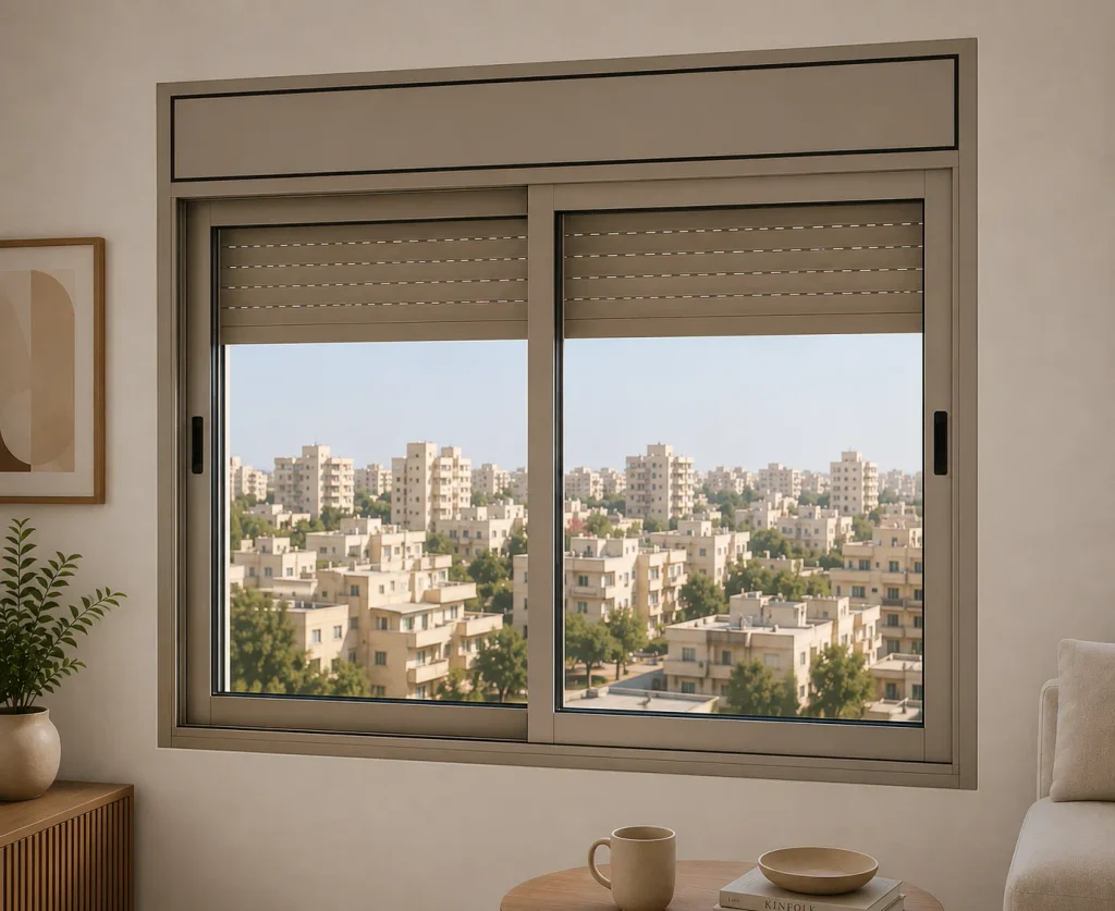 شباك مع اباجور وصندوق المنيوم لون كباتشينو