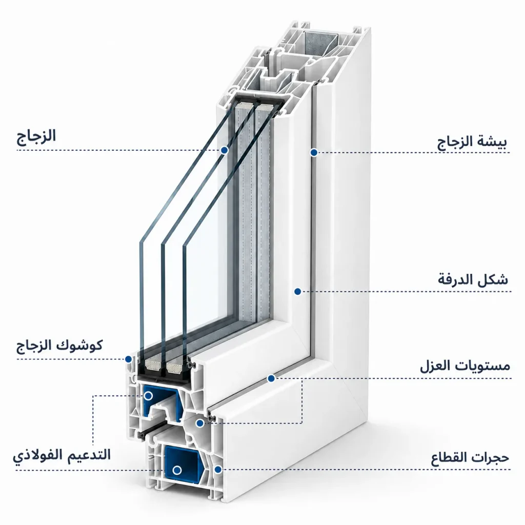 مقطع uPVC مقطوع يوضح الحجرات الداخلية والتدعيم.