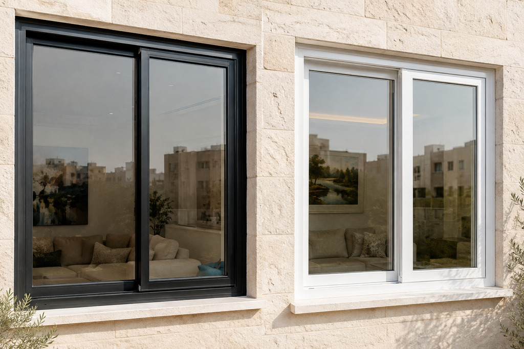 شباك ألمنيوم داكن وشباك UPVC أبيض مع زجاج مزدوج للمقارنة بين النظامين.